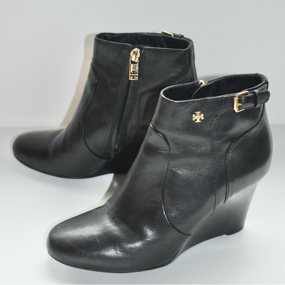 TORY BURCH Black Leather Wedge Ankle Boots - Picture 1 of 14